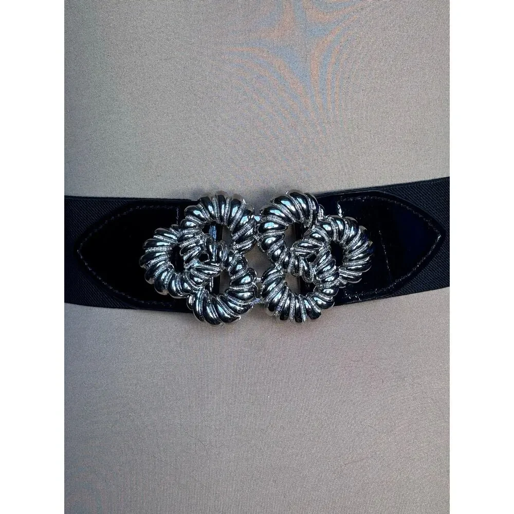 Vintage‎ Black Stretch Statement Belt Silver Rope Buckle 80s 90s Waist Cinch Art